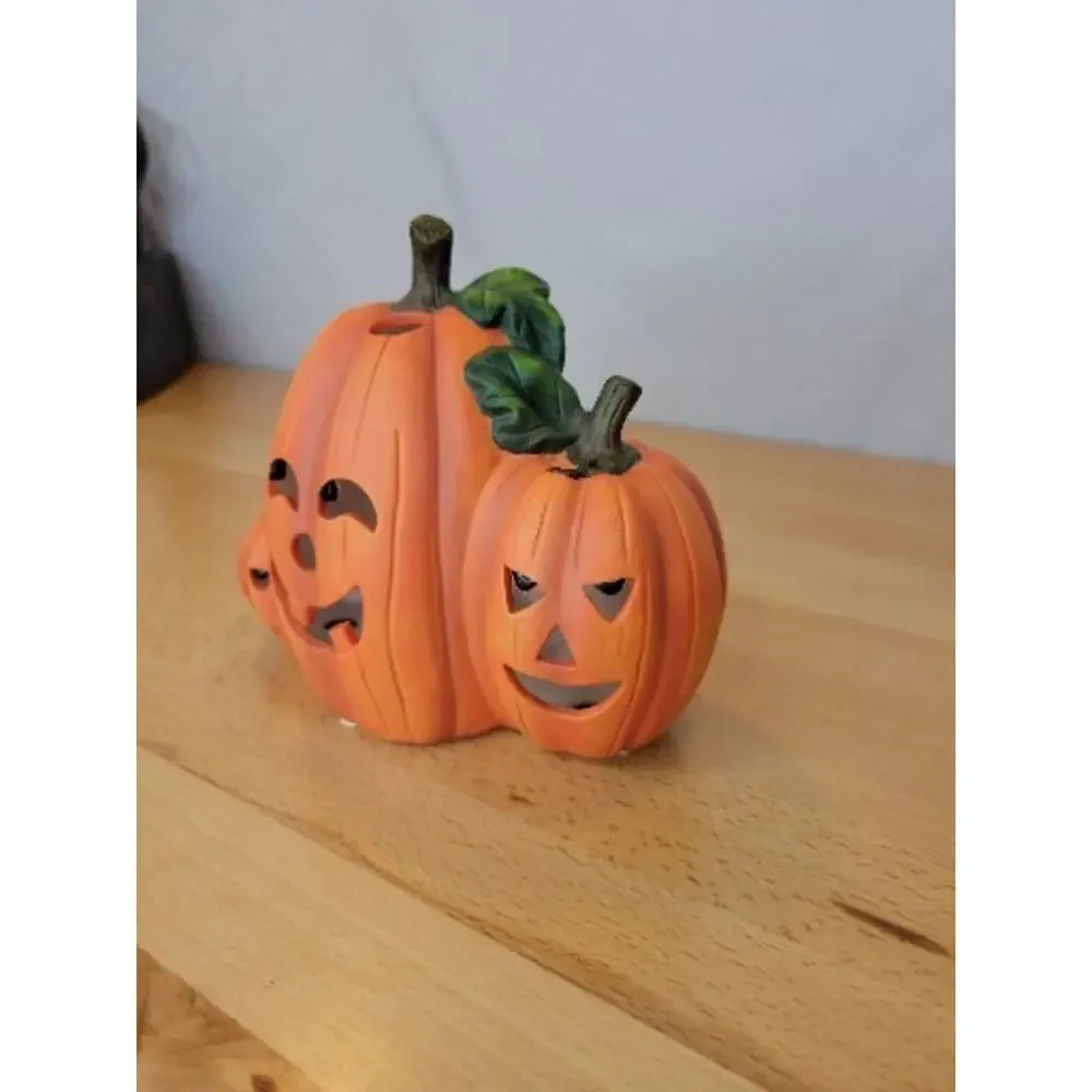 Halloween Jack O Lantern Group trio tea light candle luminary Ceramic Pumpkin